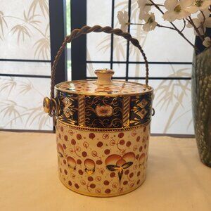Victorian Staffordshire Gaudy Welsh Biscuit Barrel Cookie Jar w/ Lid and Handle